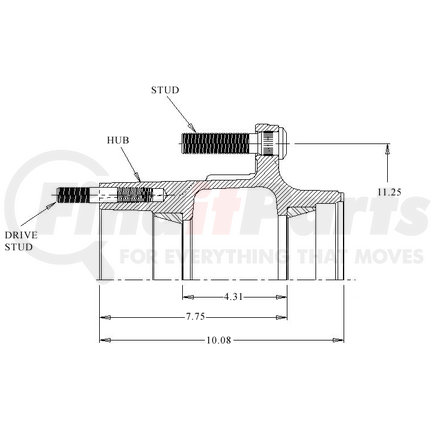 Webb 26431--MRT Hub - Long Barrel; 10 Stud, with 11.25 Dia. Bolt Circle, Outboard Drum (3/4" - 16) Serrated Stud, Steel/Alum Disc Wheel