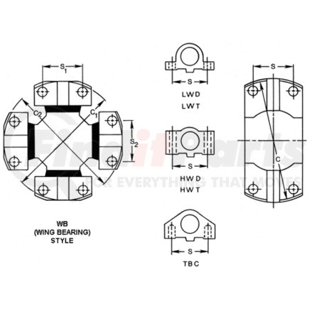 Dana 5-9001X Universal Joint; Greaseable; Spicer Italcardano 9C Series Wing Style HWD x HWD