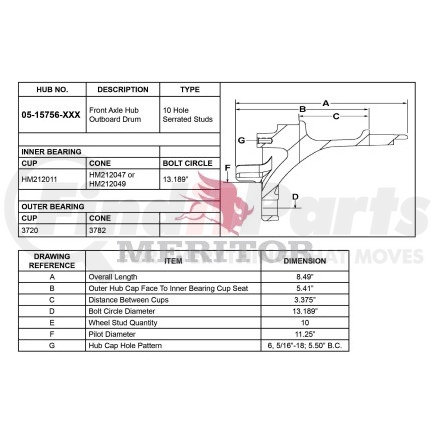 Meritor 1515756102 Drum Brake and Hub Assembly - Meritor Genuine Hydraulic Brake Hub And Drum Assembly