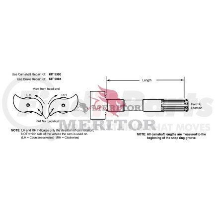Meritor 2210X6862 Air Brake Camshaft - Left, 9.82" Length, Steer Axle, for 15.00" Brake Diameter