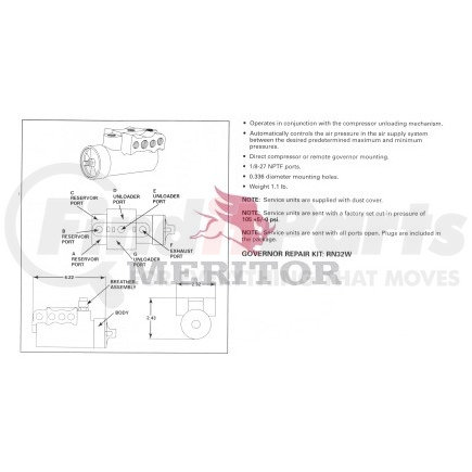 Meritor RKN18532 Air Brake Governor - 1/8-27NPTF Ports, 105 Cut-in Pressure Range