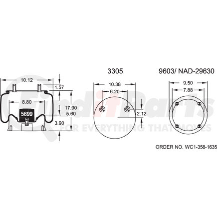 Firestone W013588782 Air Spring - 17.90" Extended, 5.60" Compressed, 10.38" Wdith Top Plate, Reversible Sleeve