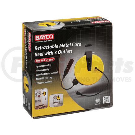 Bayco Products SL-800 Bayco&#174; Triple Tap Extension Cord SL-800, Retractable Reel, 30'L Cord, 16/3 GA, Yellow