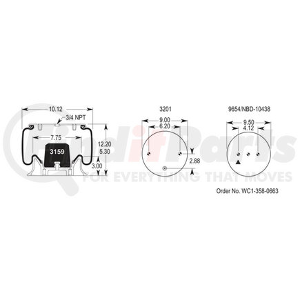 Firestone W013589036 Air Spring - 12.20" Extended, 5.30" Compressed, 9.00" Wdith Top Plate, Reversible Sleeve
