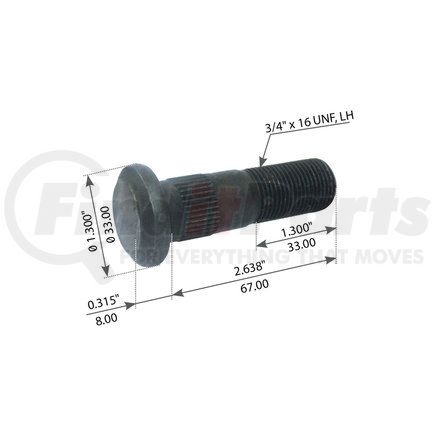 World American WA07-5097 Wheel Stud - Left Hand, 2 5/8" Length Under Head, Headed Disc, Serrated Body