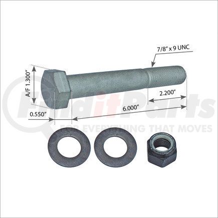 World American WA07-2304 Leaf Spring Bolt Kit - 0.87"-9 Thread, 6.00" Length Under Head, with Washer and Nut