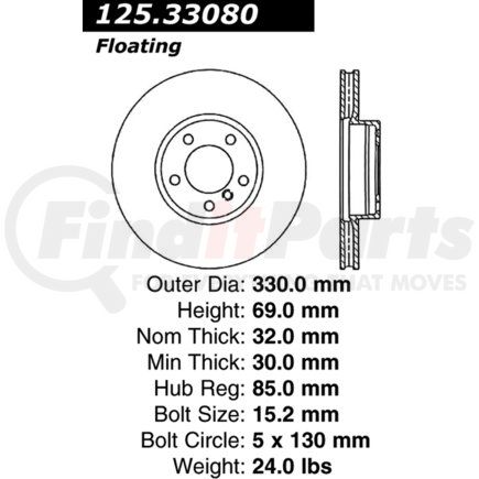 Centric 125.33080 Centric Premium High Carbon Alloy Brake Rotor