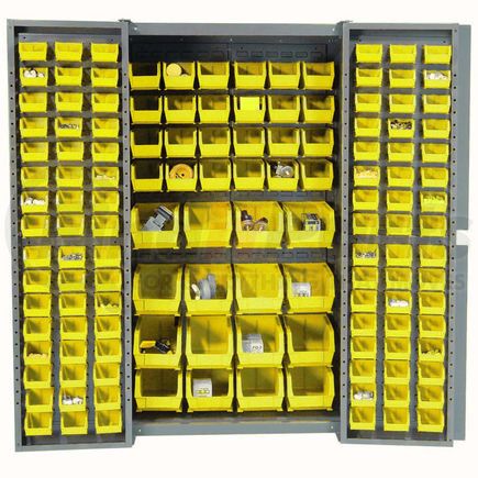 Global Industrial 662134YL Global Industrial&#153; Bin Cabinet Deep Door - 136 Yellow Bins, 16-Gauge Assembled Cabinet 38x24x72