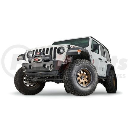 WARN 102510 Stubby Style; One Piece Design; Direct-Fit; Mounting Hardware Included; Without Grille Guard; With External Winch Mount; With D-Ring Mounts; With OEM Style Fog Light Cutouts; Powder Coated Black Steel; With Jacking Points