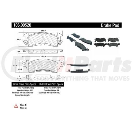 Centric 106.00520 Posi Quiet Extended Wear Brake Pads with Shims and Hardware