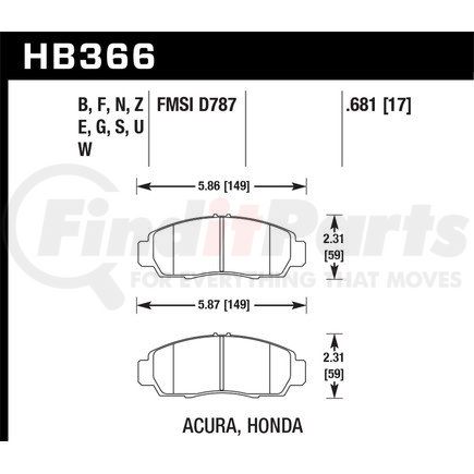 HAWK FRICTION HB366F681 PADS HPSACURA/HON