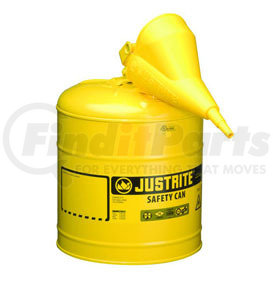 Justrite 7150210 Yellow Metal Safety Can, Type 1, Five Gallon, with Yellow Plastic Funnel, for Diesel Fuel