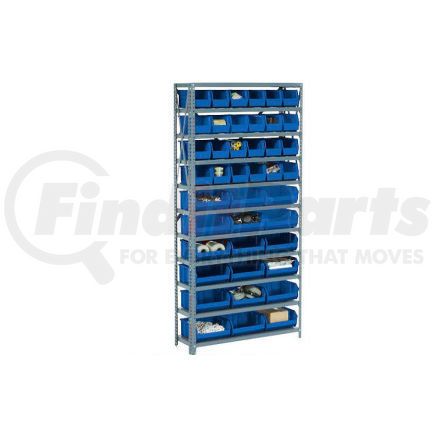 Global Industrial 603252BL Global Industrial&#153; Steel Open Shelving with 60 Blue Plastic Stacking Bins 11 Shelves - 36x12x73