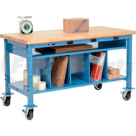 Global Industrial 412471AB Mobile Electric Packing Workbench Maple Butcher Block Safety Edge - 72 x 36 with Lower Shelf Kit