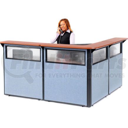 Global Industrial 694908WCB Interion&#174; L-Shaped Reception Station w/Window 80"W x 80"D x 44"H Cherry Counter Blue Panel