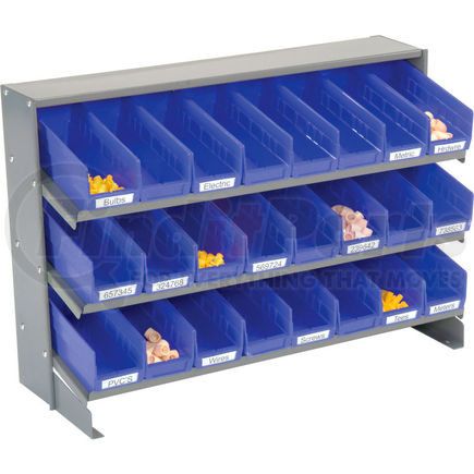 Global Industrial 603424BL Global Industrial&#153; 3 Shelf Bench Pick Rack - 24 Blue Shelf Bins 4 Inch Wide 33x12x21
