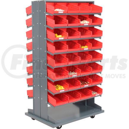 Global Industrial 603427RD Global Industrial&#153; 16 Shelf Double-Sided Mobile Pick Rack - 64 Red Plastic Shelf Bins 8" Wide