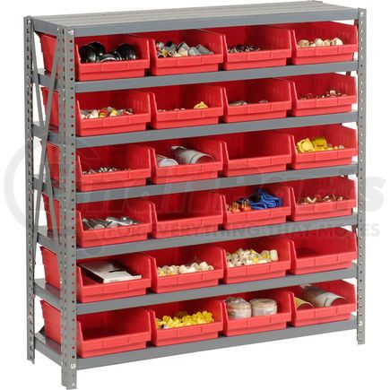 Global Industrial 603434RD Global Industrial&#153; Steel Shelving with 24 4"H Plastic Shelf Bins Red, 36x18x39-7 Shelves