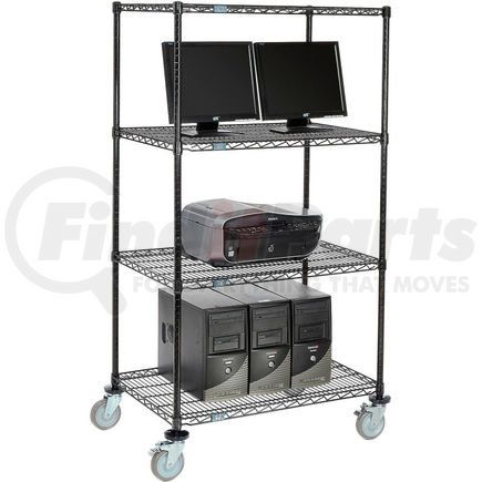 Global Industrial 695396BK Nexel&#153; 4-Shelf Mobile Wire Computer LAN Workstation, 36"W x 24"D x 69"H, Black