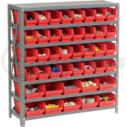 Global Industrial 603437RD Global Industrial&#153; Steel Shelving with Total 42 4"H Plastic Shelf Bins Red, 36x18x39-7 Shelves