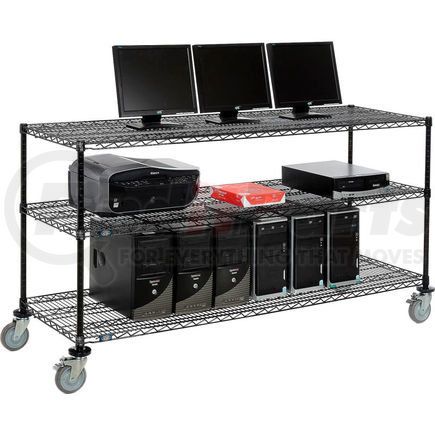 Global Industrial 695381BK Nexel&#153; 3-Shelf Mobile Wire Computer LAN Workstation, 72"W x 24"D x 40"H, Black