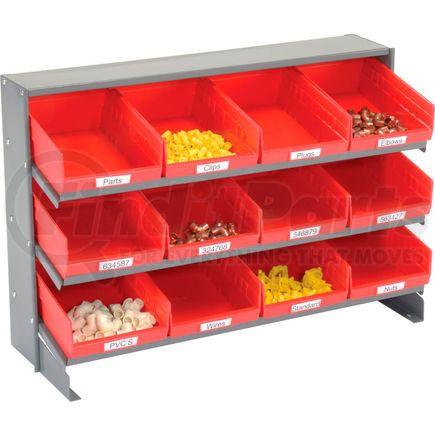 Global Industrial 603423RD Global Industrial&#153; 3 Shelf Bench Pick Rack - 12 Red Plastic Shelf Bins 8 Inch Wide 33x12x21