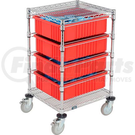 Global Industrial 269027RD Global Industrial&#153; Chrome Wire Cart With (4) 6"H Red Grid Containers 21" x 24" x 40"