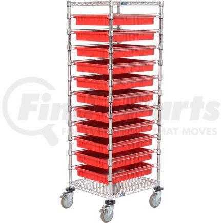 Global Industrial 269029RD Global Industrial&#153; 21X24X69 Chrome Wire Cart With 11 3"H Grid Containers Red