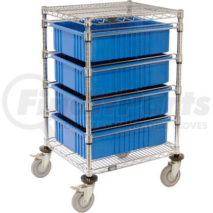 Global Industrial 269027BL Global Industrial&#153; Chrome Wire Cart With (4) 6"H Blue Grid Containers 21" x 24" x 40"