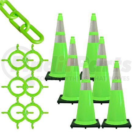 Global Industrial 93277-6 Mr. Chain 93277-6 Traffic Cone & Chain Kit with Reflective Collars, Safety Green, 93277-6