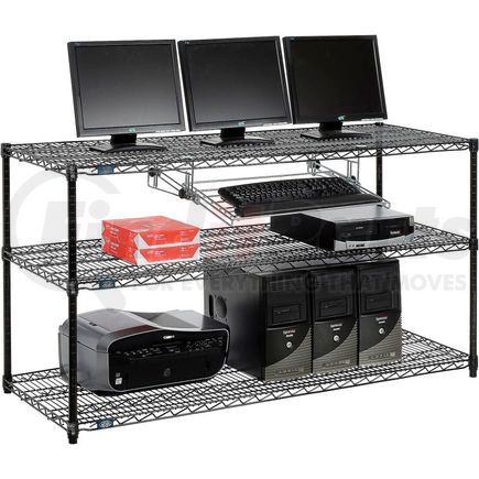 Global Industrial 695376BK Nexel&#153; 3-Shelf Wire Computer LAN Workstation with Keyboard Tray, 60"W x 24"D x 34"H, Black