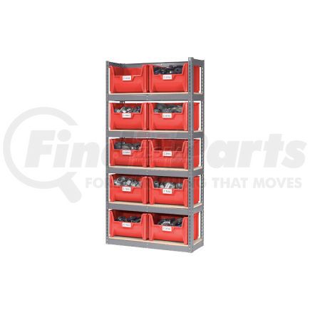 Global Industrial 238203RD Global Industrial&#153; Steel Boltless Wood Deck Shelving With 10 Plastic Hopper Bins Red, 42x15x84