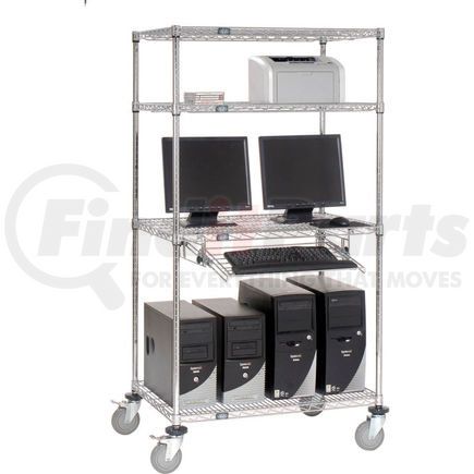 Global Industrial 250115 Nexel&#153; 4-Shelf Mobile Wire Computer LAN Workstation w/Keyboard Tray, 36"W x 24"D x 69"H, Chrome