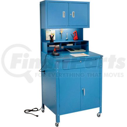 Global Industrial 249692CBL Mobile Cabinet Shop Desk w/ Pigeonhole Riser, Pegboard & Upper Cabinet 34-1/2"W x 30"D x 80"H - Blue