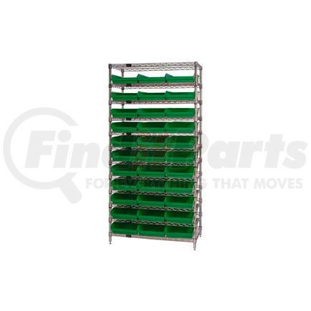 Global Industrial 268971GN Global Industrial&#153; Chrome Wire Shelving with 33 4"H Plastic Shelf Bins Green, 36x14x74