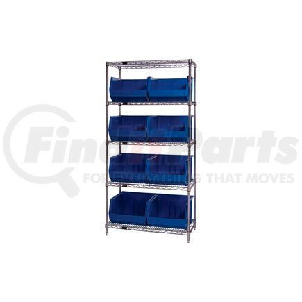 Global Industrial 268933BL Chrome Wire Shelving With 8 Giant Plastic Stacking Bins Blue, 36x18x74