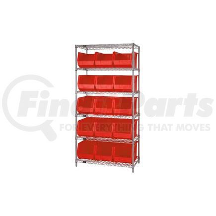 Global Industrial 268931RD Chrome Wire Shelving With 15 Giant Plastic Stacking Bins Red, 36x18x74