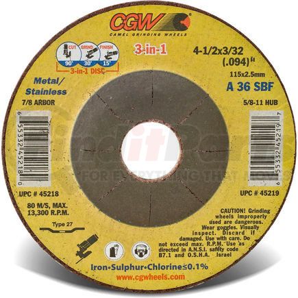 Cgw Abrasive 45218 CGW Abrasives 45218 Depressed Center Wheel 4-1/2" x 3/32" x 7/8" 36 Grit T27 Aluminium Oxide