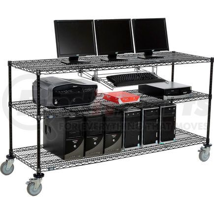 Global Industrial 695382BK Nexel&#153; 3-Shelf Mobile Wire Computer LAN Workstation w/Keyboard Tray, 72"W x 24"D x 40"H, Black