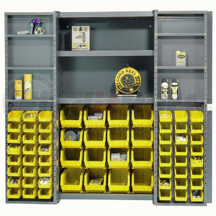 Global Industrial 662139YL Global Industrial&#153; Bin Cabinet Deep Door, 64 YL Bins, Shelves, 16 Ga Assembled Cabinet 38x24x72