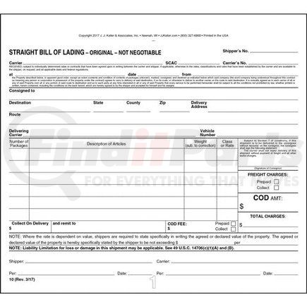 JJ Keller 10 Straight Bill of Lading - Short Form - Snap-out, 3-ply, carbon, 8.5" x 7.75" (0.75" top tear-off)