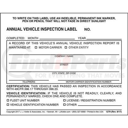 JJ KELLER 1279 Annual Vehicle Inspection Label - Vinyl w/ Mylar Laminate - Vinyl label with mylar laminate