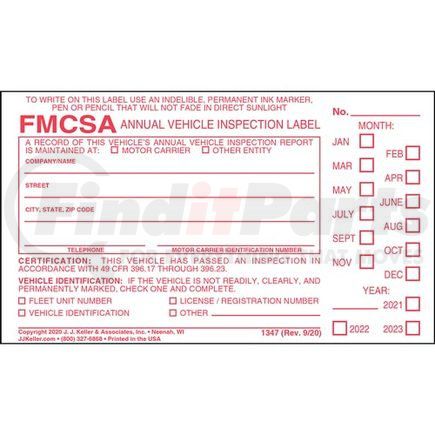 JJ Keller 1347 Annual Vehicle Inspection Label - Vinyl w/ Punch Boxes - Vinyl Label with Punch Boxes