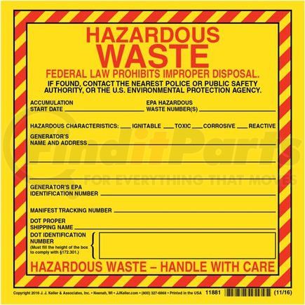 JJ Keller 11881 Hazardous Waste Label - Vinyl, Individual Sheet - Vinyl Label, Individual Sheets