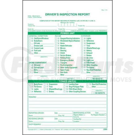 JJ Keller 2066 Detailed Driver's Vehicle Inspection Report, w/Carbon, Green Ink, Snap-Out Format - Stock - Snap-Out, 3-Ply, Carbon Interleaf