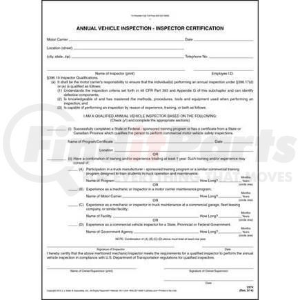 JJ Keller 2574 Annual Vehicle Inspection - Inspector Certification Form - Snap-out, carbonless, 8 1/2" W x 11 3/4" L