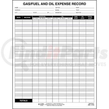 JJ Keller 1911 Gas & Oil Expense Record Form - Book format, 8-1/2" W x 11"L