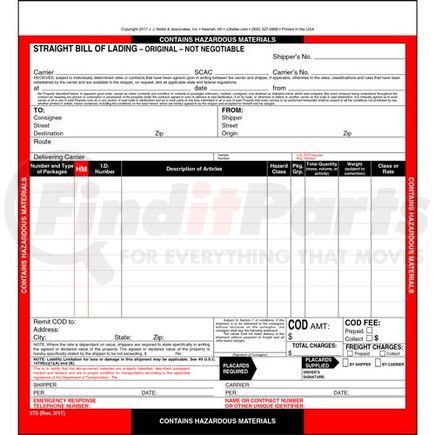 JJ Keller 373 Hazardous Materials Straight Bill of Lading - 3-ply, carbon, snap-out , 8.5" x 9.25" (0.75" top tear-off), 9 lines