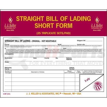 JJ Keller 403 Straight Bill Of Lading - Short Form - Retail Packaging - Padded format - Retail Packaging