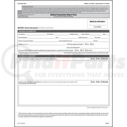 JJ Keller 47375 Medical Examination Report Form - Medical Examination Form Only